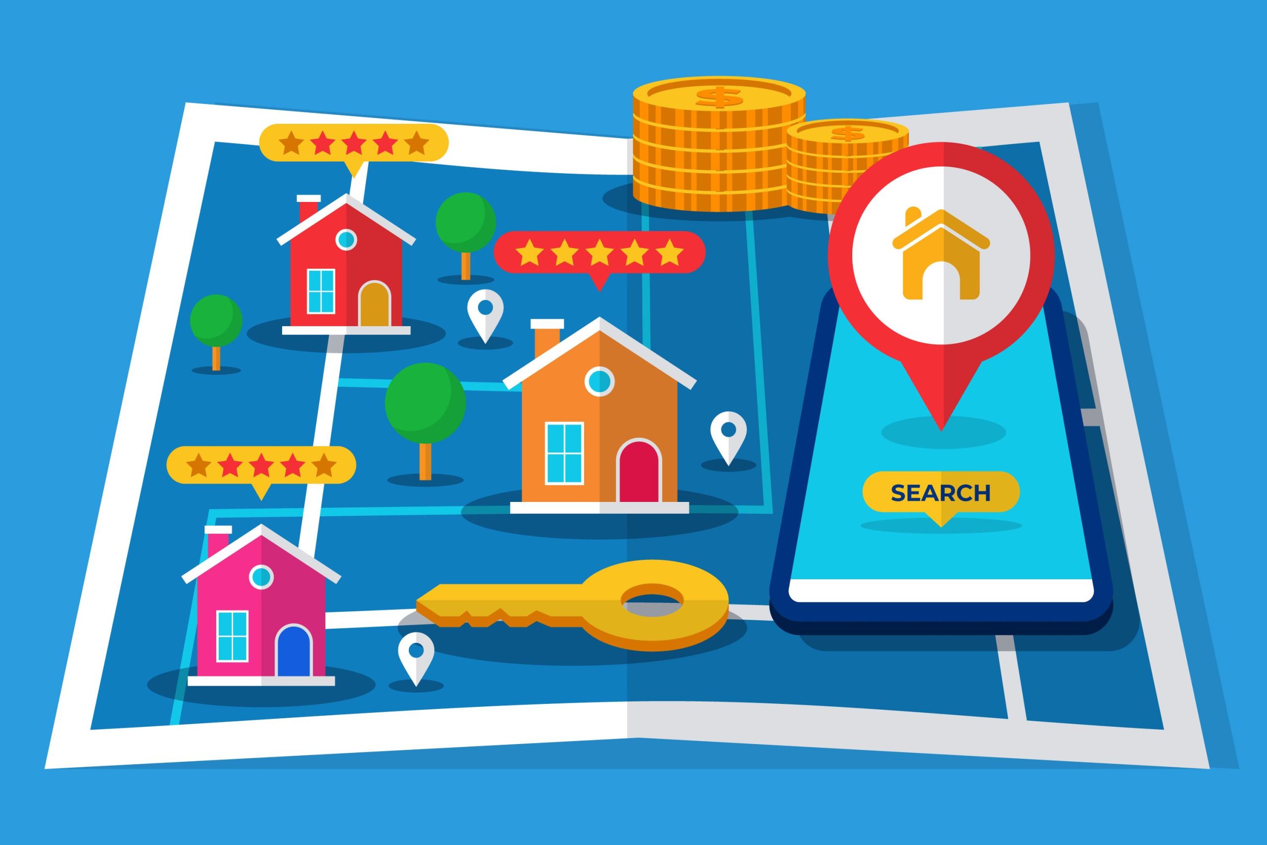 Real estate search concept with houses, ratings, and a phone. - Middlesex Cash Homes