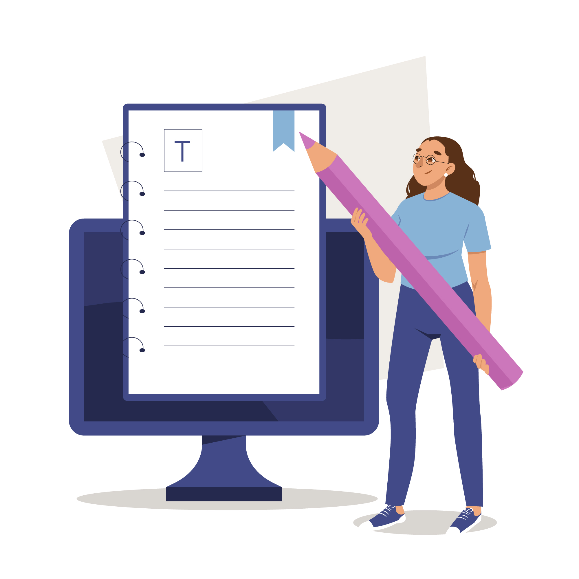 Woman with a big pencil by a digital document. - Middlesex Cash Homes